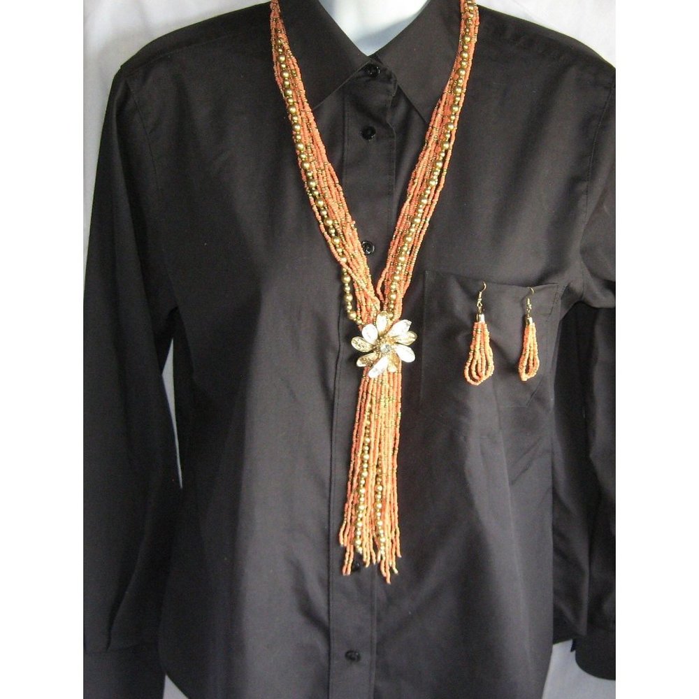 Apricot Seed Bead and Gold Tone Bead Tassel Multi Strand Necklace and Earring Se